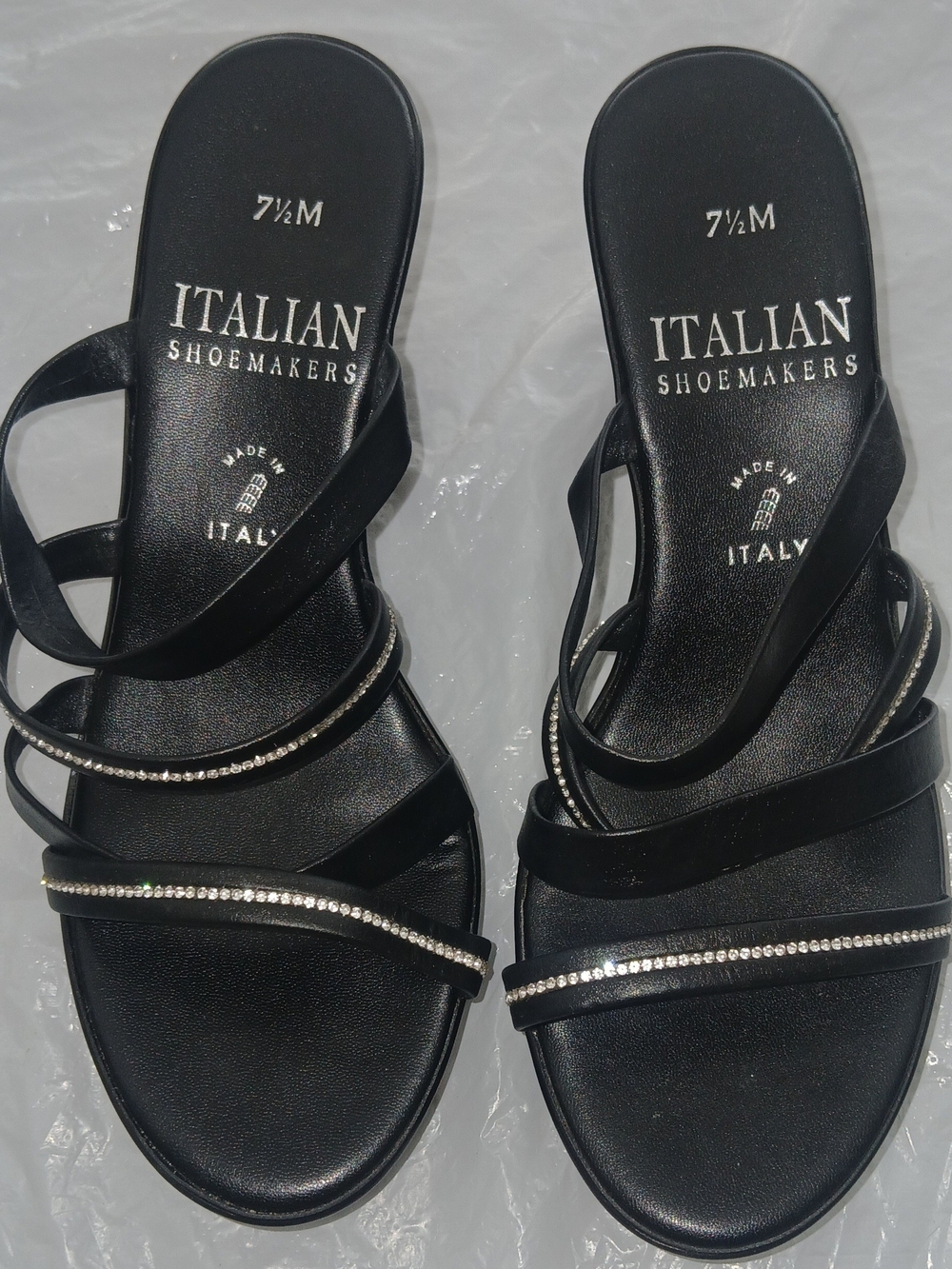 Italian Shoemakers Black Strappy Sandals with Rhinestone Trim